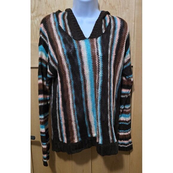 Rock & Roll Denim Striped Knit Sweater With Hood - Brown/Blue/White/Pink Boho - Picture 2 of 8